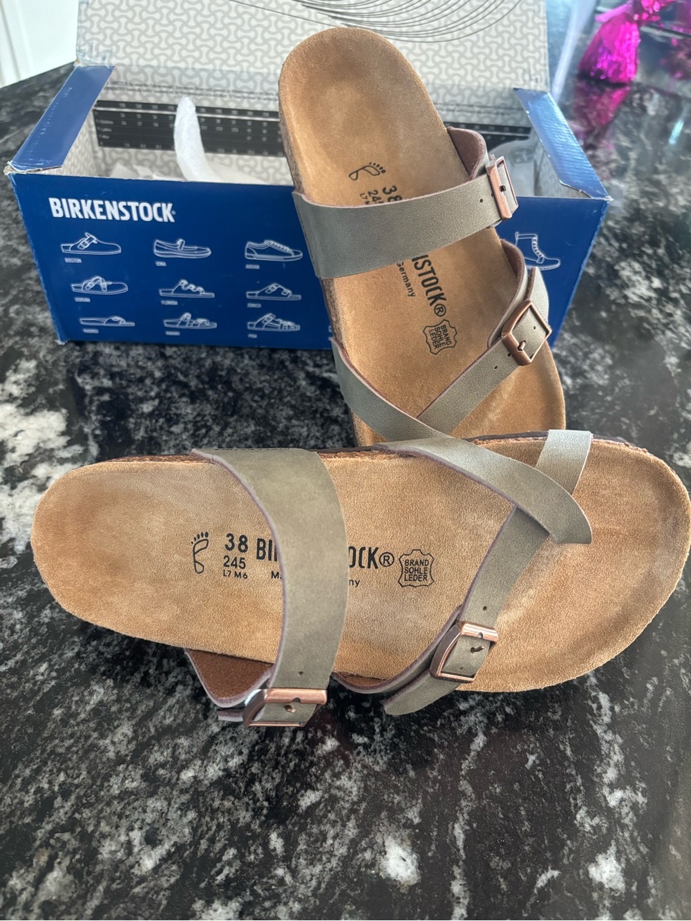Birkenstock Women’s Taupe Two-Strap Sandals with Cross Strap